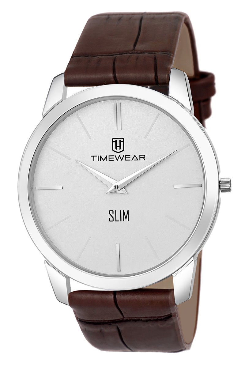 TIMEWEAR Analog Slim Two Hands Brown Leather Strap Watch for Men - Image 1