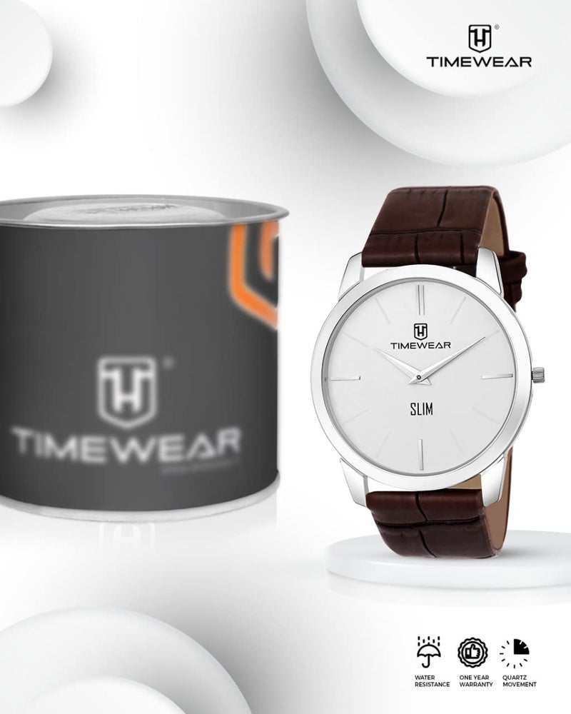 TIMEWEAR Analog Slim Two Hands Brown Leather Strap Watch for Men - Image 2