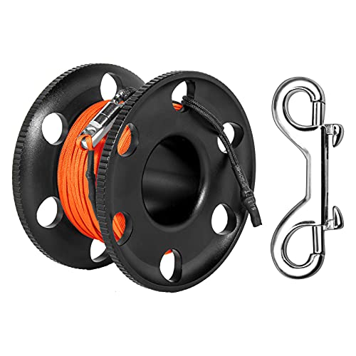 Pluzluce 100FT Scuba Diving Reel, Aluminum Alloy Large Scuba Spool Finger Reel with Double-Ended Bolt Snap Clip for Underwater Scuba Diving Snorkeling Spearfishing (Orange Line Black Reel) - Image 1