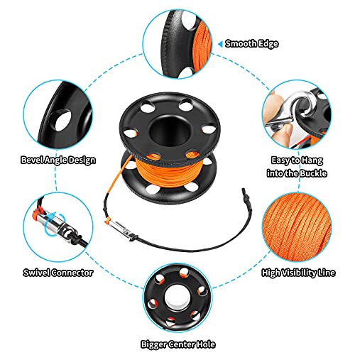 Pluzluce 100FT Scuba Diving Reel, Aluminum Alloy Large Scuba Spool Finger Reel with Double-Ended Bolt Snap Clip for Underwater Scuba Diving Snorkeling Spearfishing (Orange Line Black Reel) - Image 4
