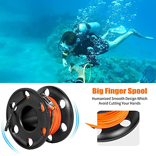 Pluzluce 100FT Scuba Diving Reel, Aluminum Alloy Large Scuba Spool Finger Reel with Double-Ended Bolt Snap Clip for Underwater Scuba Diving Snorkeling Spearfishing (Orange Line Black Reel) - Image 3