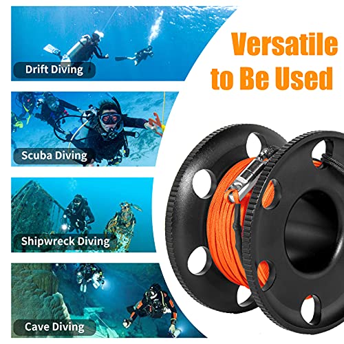 Pluzluce 100FT Scuba Diving Reel, Aluminum Alloy Large Scuba Spool Finger Reel with Double-Ended Bolt Snap Clip for Underwater Scuba Diving Snorkeling Spearfishing (Orange Line Black Reel) - Image 2