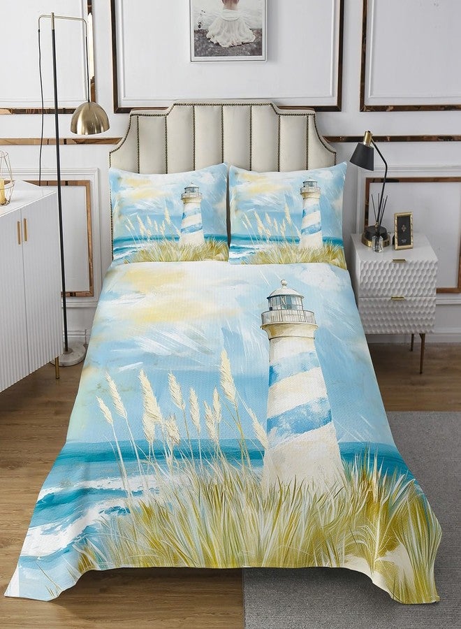 Castle Fairy طقم غطاء سرير بتصميم منارة بحرية مستوحى من قلعة خيالية، مقاس كوين، طقم لحاف شاطئي مكون من 3 قطع، مناسب لغرف الأطفال والمراهقين والبالغين، طقم مفروشات سرير بتصميم نباتي كلاسيكي، غطاء لحاف، و2 غطاء وسادة. - Image 2