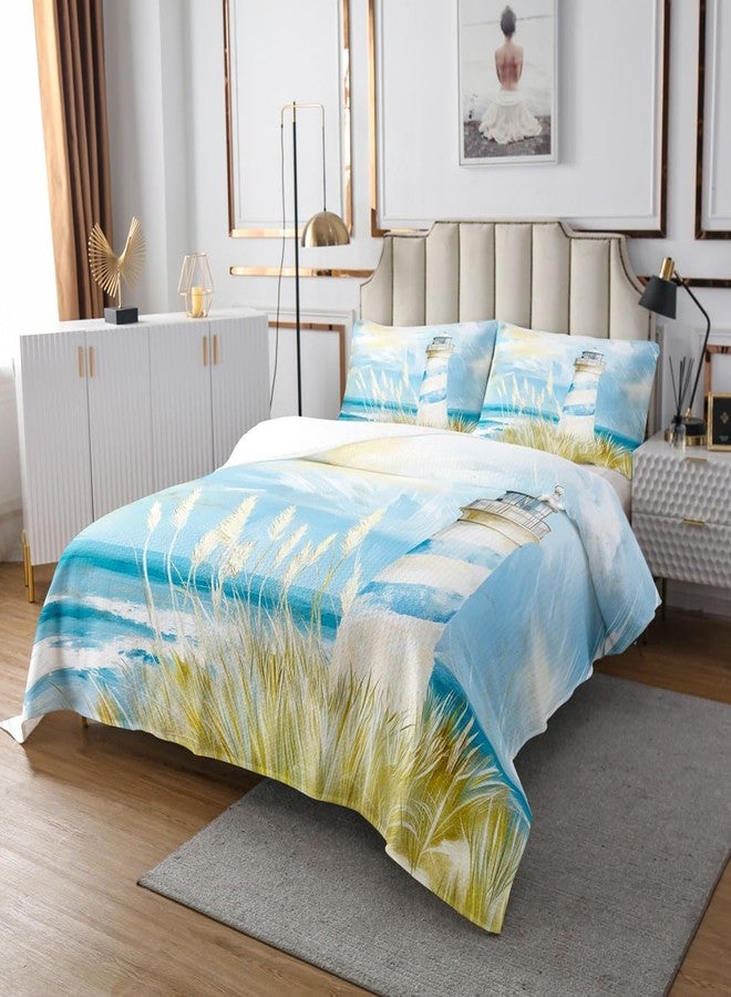 Castle Fairy طقم غطاء سرير بتصميم منارة بحرية مستوحى من قلعة خيالية، مقاس كوين، طقم لحاف شاطئي مكون من 3 قطع، مناسب لغرف الأطفال والمراهقين والبالغين، طقم مفروشات سرير بتصميم نباتي كلاسيكي، غطاء لحاف، و2 غطاء وسادة. - Image 4