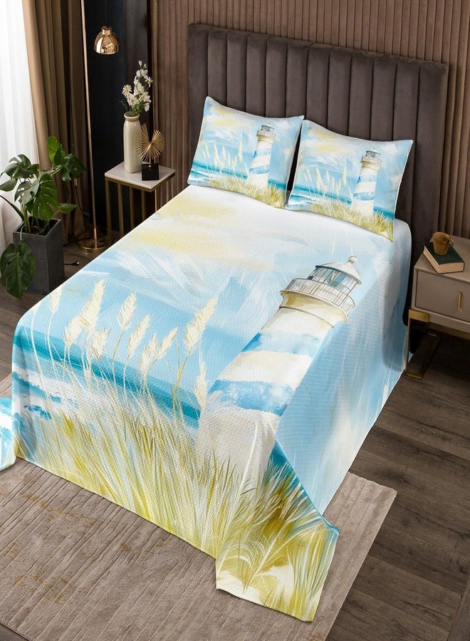 Castle Fairy طقم غطاء سرير بتصميم منارة بحرية مستوحى من قلعة خيالية، مقاس كوين، طقم لحاف شاطئي مكون من 3 قطع، مناسب لغرف الأطفال والمراهقين والبالغين، طقم مفروشات سرير بتصميم نباتي كلاسيكي، غطاء لحاف، و2 غطاء وسادة. - Image 1