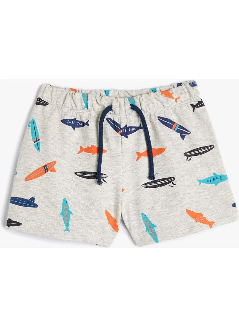 KOTON Cotton Shorts Tie Waist Shark Printed