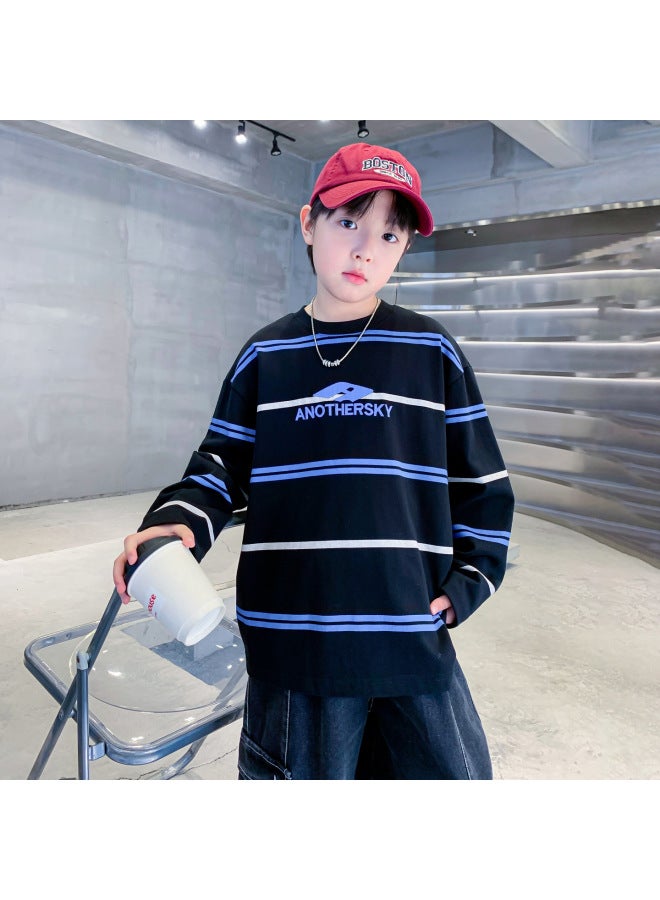 Boys' Spring Korean-style Striped Sports Long-sleeve T-shirt  New Model Youth Children's Pure Cotton Loose Top