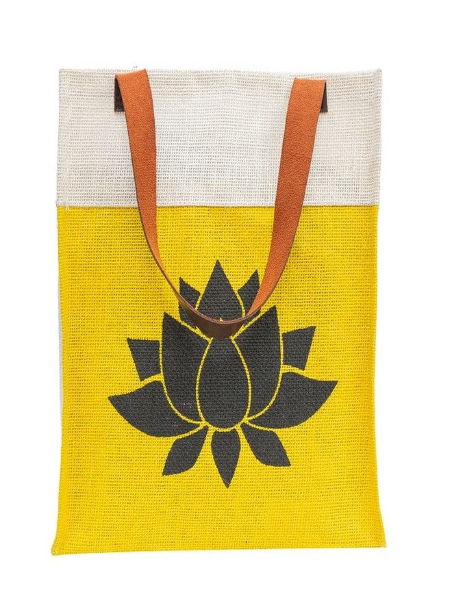 JUTEKA Lotus Print Yellow Hand Bag for Grocery, Office, Lunch, Picnic, Tiffin Jute bag with Leather Handles - Image 3