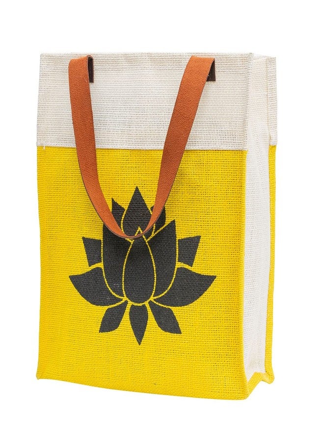 JUTEKA Lotus Print Yellow Hand Bag for Grocery, Office, Lunch, Picnic, Tiffin Jute bag with Leather Handles - Image 1