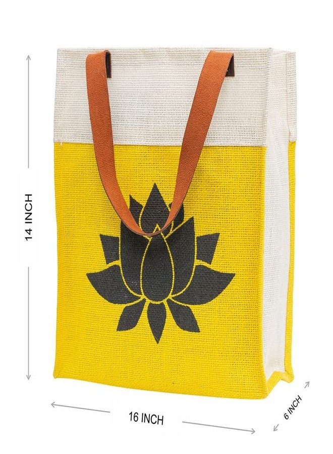 JUTEKA Lotus Print Yellow Hand Bag for Grocery, Office, Lunch, Picnic, Tiffin Jute bag with Leather Handles - Image 5
