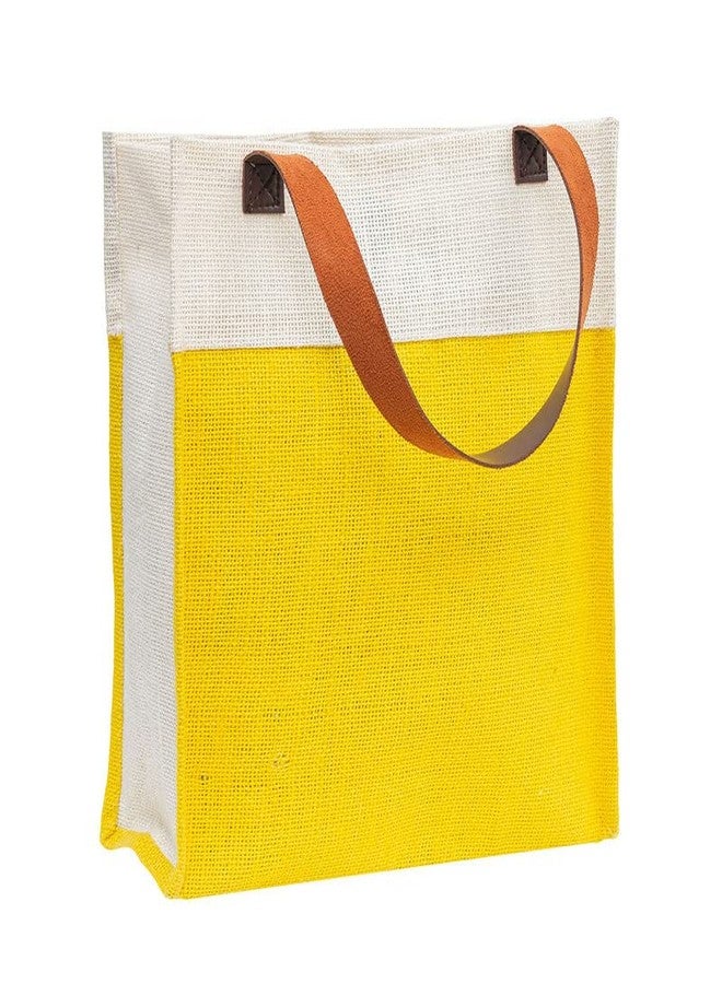 JUTEKA Lotus Print Yellow Hand Bag for Grocery, Office, Lunch, Picnic, Tiffin Jute bag with Leather Handles - Image 4