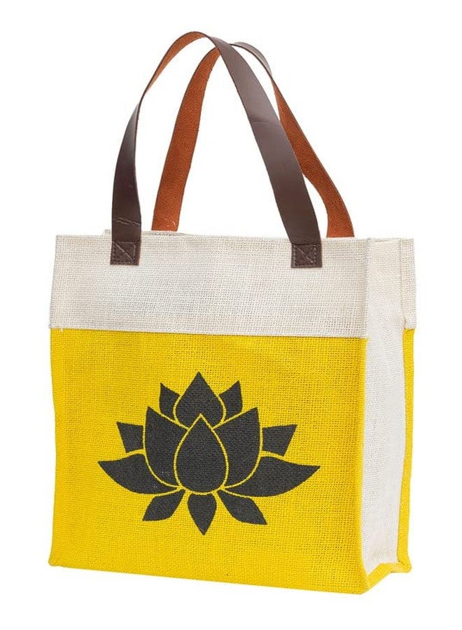 JUTEKA Lotus Print Yellow Hand Bag for Grocery, Office, Lunch, Picnic, Tiffin Jute bag with Leather Handles - Image 2