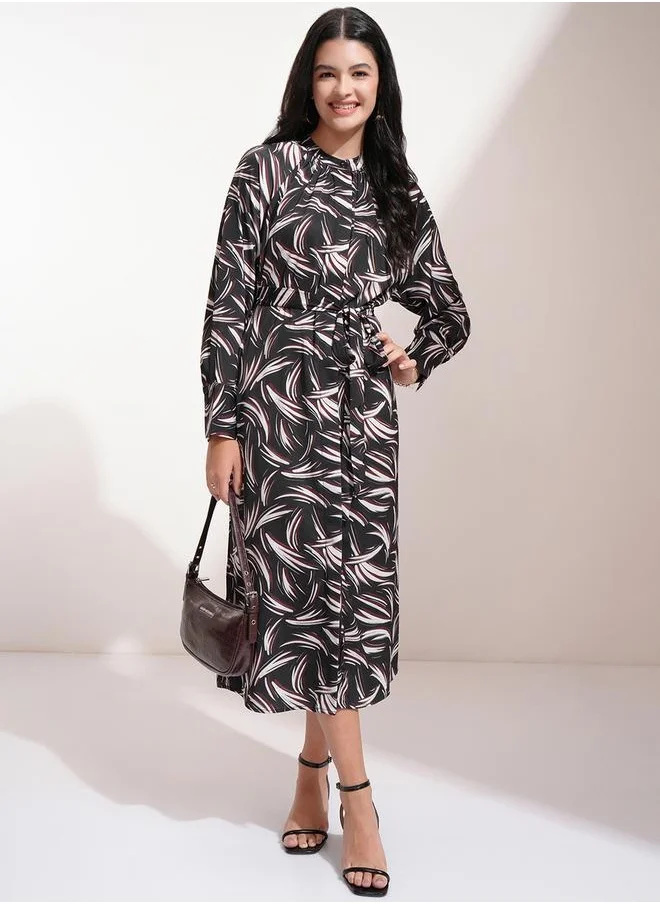 Tokyo Talkies All-Over Print Waist Tie-Up Midi Dress