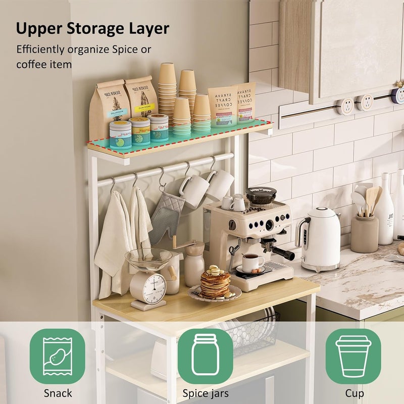 JOYSEUS 4-Tier Multifunctional Kitchen Storage Rack & Coffee Corner Table with 5 S-Hooks, Adjustable Shelves, X-Brace Design for Stability, Waterproof Microwave Stand (beige) - Image 4
