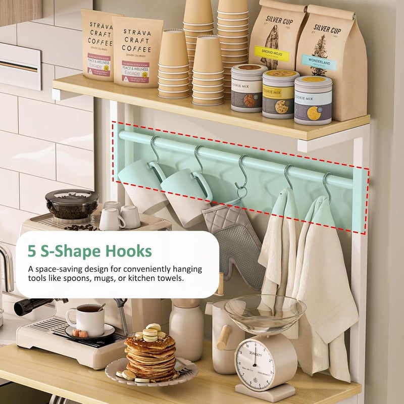 JOYSEUS 4-Tier Multifunctional Kitchen Storage Rack & Coffee Corner Table with 5 S-Hooks, Adjustable Shelves, X-Brace Design for Stability, Waterproof Microwave Stand (beige) - Image 5