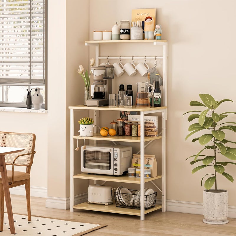 JOYSEUS 4-Tier Multifunctional Kitchen Storage Rack & Coffee Corner Table with 5 S-Hooks, Adjustable Shelves, X-Brace Design for Stability, Waterproof Microwave Stand (beige) - Image 1