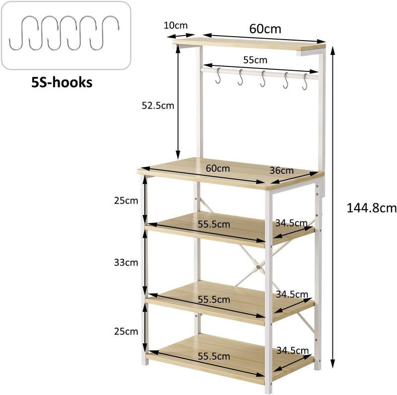 JOYSEUS 4-Tier Multifunctional Kitchen Storage Rack & Coffee Corner Table with 5 S-Hooks, Adjustable Shelves, X-Brace Design for Stability, Waterproof Microwave Stand (beige) - Image 2