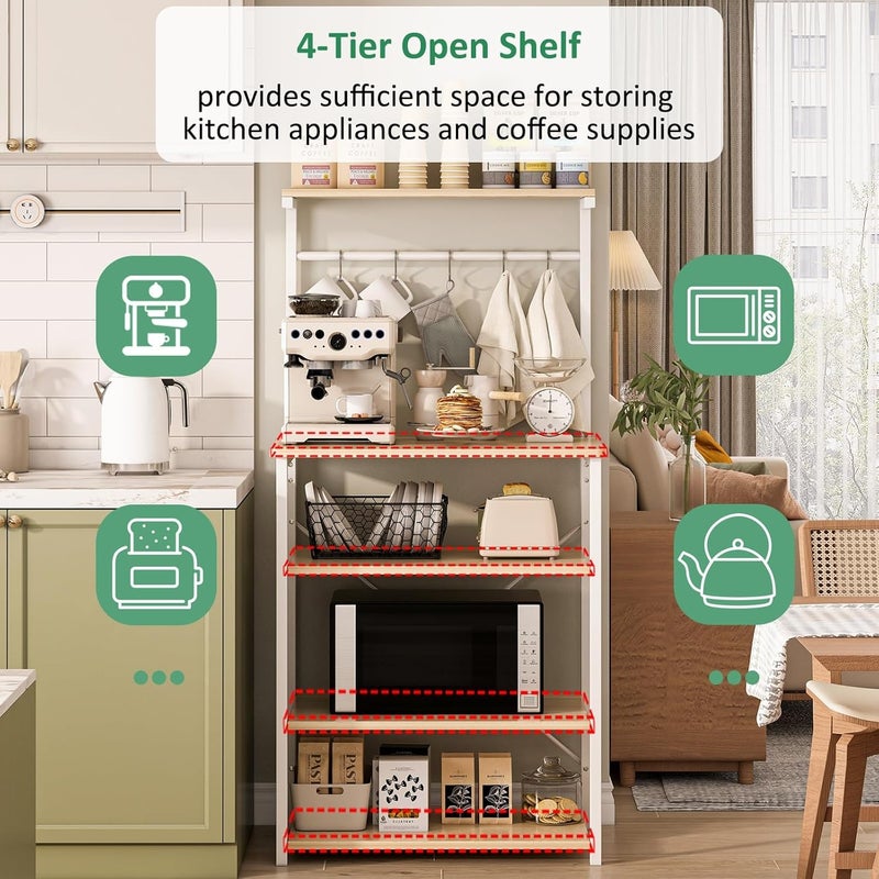 JOYSEUS 4-Tier Multifunctional Kitchen Storage Rack & Coffee Corner Table with 5 S-Hooks, Adjustable Shelves, X-Brace Design for Stability, Waterproof Microwave Stand (beige) - Image 3