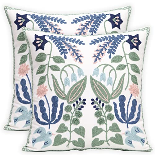 Pilmandu Pack of 2 Embroidered Decorative Throw Pillow Cover 18x18 Inch Farmhouse Floral Pillowcase for Living Room Sofa Bed (Bird Flower) - Image 1