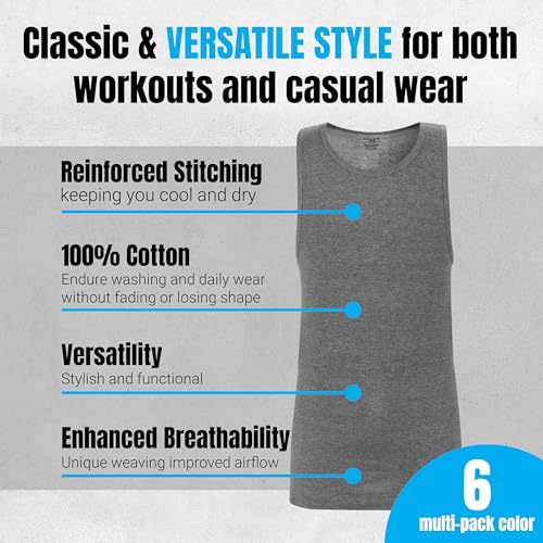 Athllete Men’s Athletic Fit Tank Tops 6 Pack - 100% Cotton Breathable Sleeveless Undershirts - Image 4