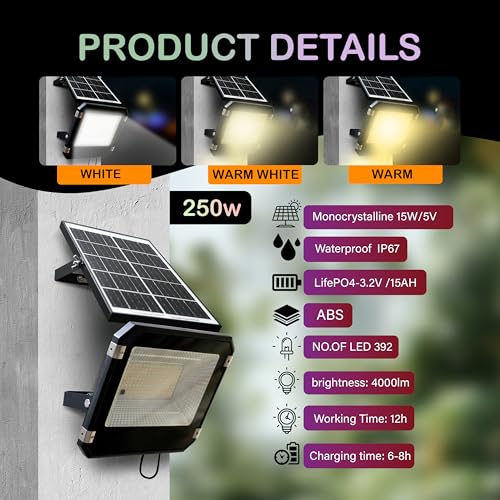 Homehop Solar Flood Light Outdoor Waterproof 250 Watt Wireless Automatic Led Solar Lamp for Home, Garden, Balcony, Pathway, (15 Ah, ABS, 3 Colour,) - Image 4