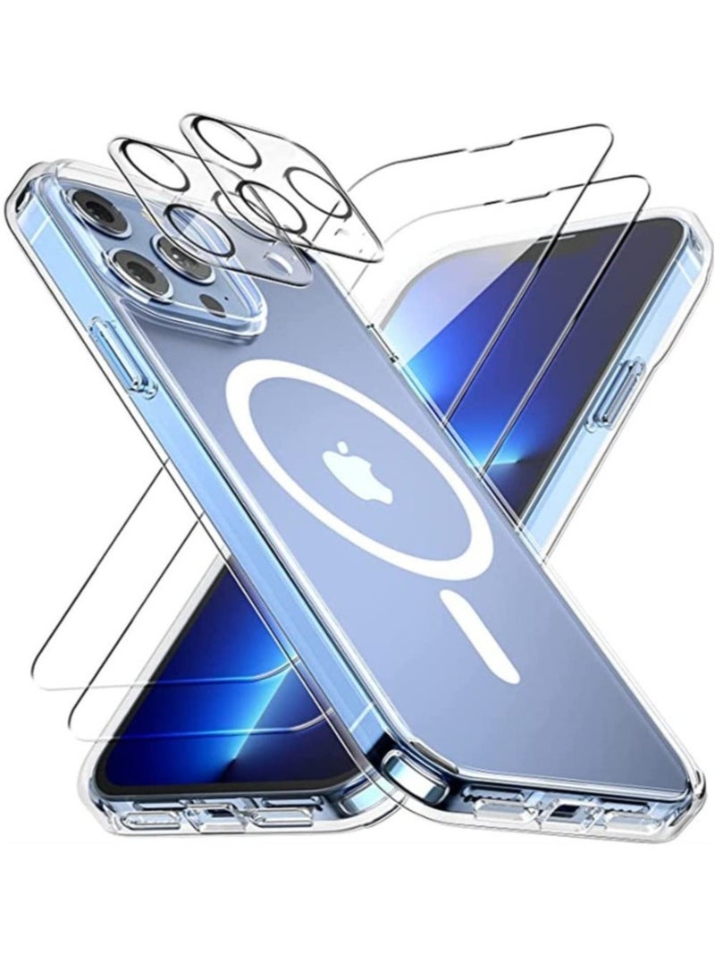 [1+2+2] Case for iPhone 14 Pro, with 2 Pcs Tempered Glass Screen Protector + 2 Pcs Camera Lens Protector, Clear Magnetic Phone Cover for Mag-Safe (Not Original) (iPhone 14 Pro, Magnetic Clear)  - Image 1