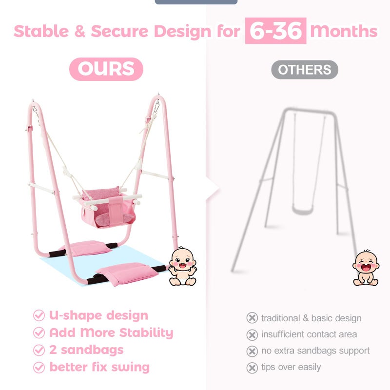 FUNLIO U-Shape Swing Set for Toddlers 6-36 Months, Heavy Duty Metal Frame with 2 Sandbags & 4 Anti-Slip Pads, Easy to Assemble & Store, Foldable & Portable Toddler Swing for Indoor/Outdoor-Pink - Image 3