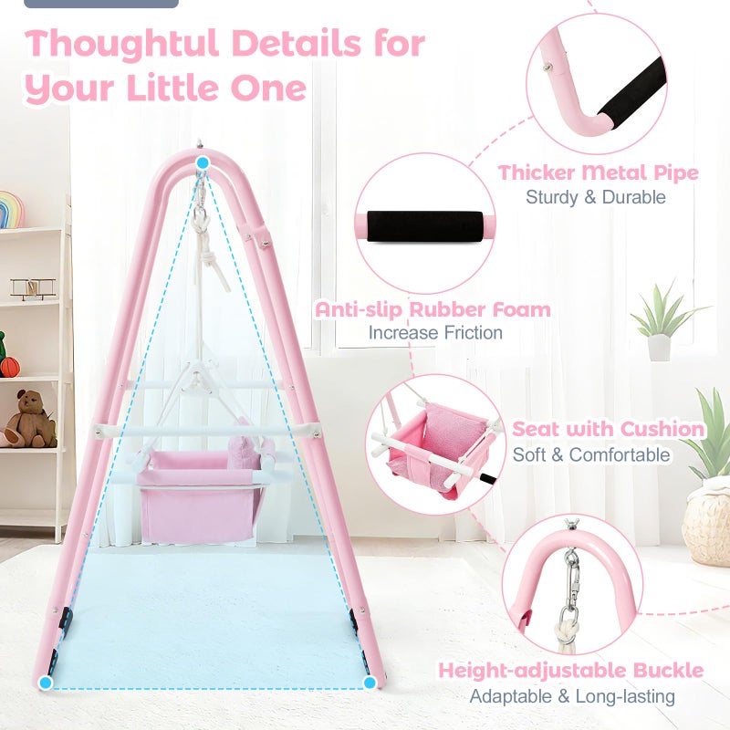 FUNLIO U-Shape Swing Set for Toddlers 6-36 Months, Heavy Duty Metal Frame with 2 Sandbags & 4 Anti-Slip Pads, Easy to Assemble & Store, Foldable & Portable Toddler Swing for Indoor/Outdoor-Pink - Image 4