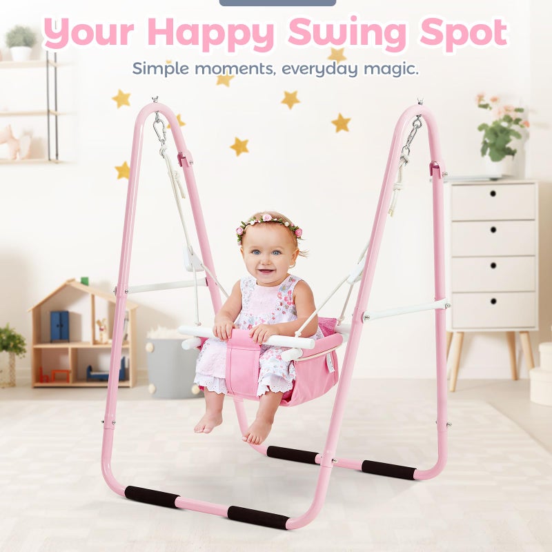 FUNLIO U-Shape Swing Set for Toddlers 6-36 Months, Heavy Duty Metal Frame with 2 Sandbags & 4 Anti-Slip Pads, Easy to Assemble & Store, Foldable & Portable Toddler Swing for Indoor/Outdoor-Pink - Image 2