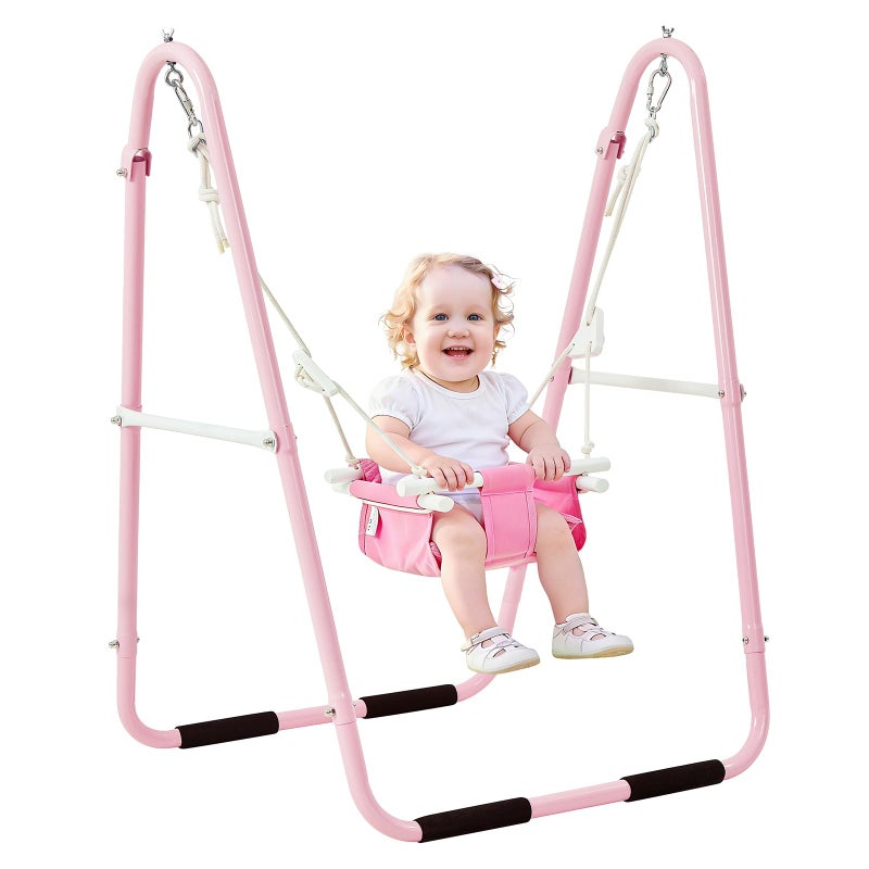 FUNLIO U-Shape Swing Set for Toddlers 6-36 Months, Heavy Duty Metal Frame with 2 Sandbags & 4 Anti-Slip Pads, Easy to Assemble & Store, Foldable & Portable Toddler Swing for Indoor/Outdoor-Pink - Image 1