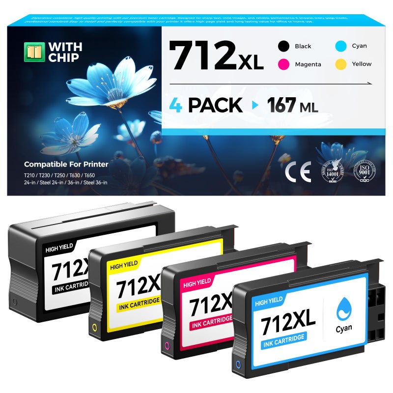 Zstint 712 712XL Ink Cartridges set 4Pack High Yield Replacement for HP 712 712XL Ink Compatible with HP Color DesignJet T650 T630 T230 T210 Studio Plotter Printers 80ml Black 29ml CyanMagentaYellow - Image 2