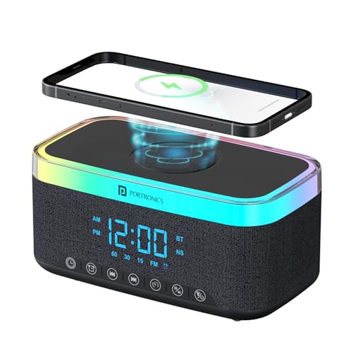 Portronics Trifusion 16W HD Sound Bluetooth Speaker with 15W Wireless Charging, 360°RGB LED Lights, Digital Clock with Alarm Setting, Built-in White Noise, USB/SD Card/AUX in, Type C Charging(Black) - Image 1