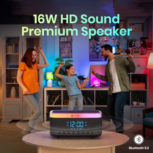Portronics Trifusion 16W HD Sound Bluetooth Speaker with 15W Wireless Charging, 360°RGB LED Lights, Digital Clock with Alarm Setting, Built-in White Noise, USB/SD Card/AUX in, Type C Charging(Black) - Image 5