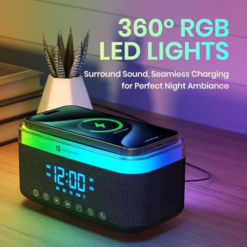 Portronics Trifusion 16W HD Sound Bluetooth Speaker with 15W Wireless Charging, 360°RGB LED Lights, Digital Clock with Alarm Setting, Built-in White Noise, USB/SD Card/AUX in, Type C Charging(Black) - Image 2