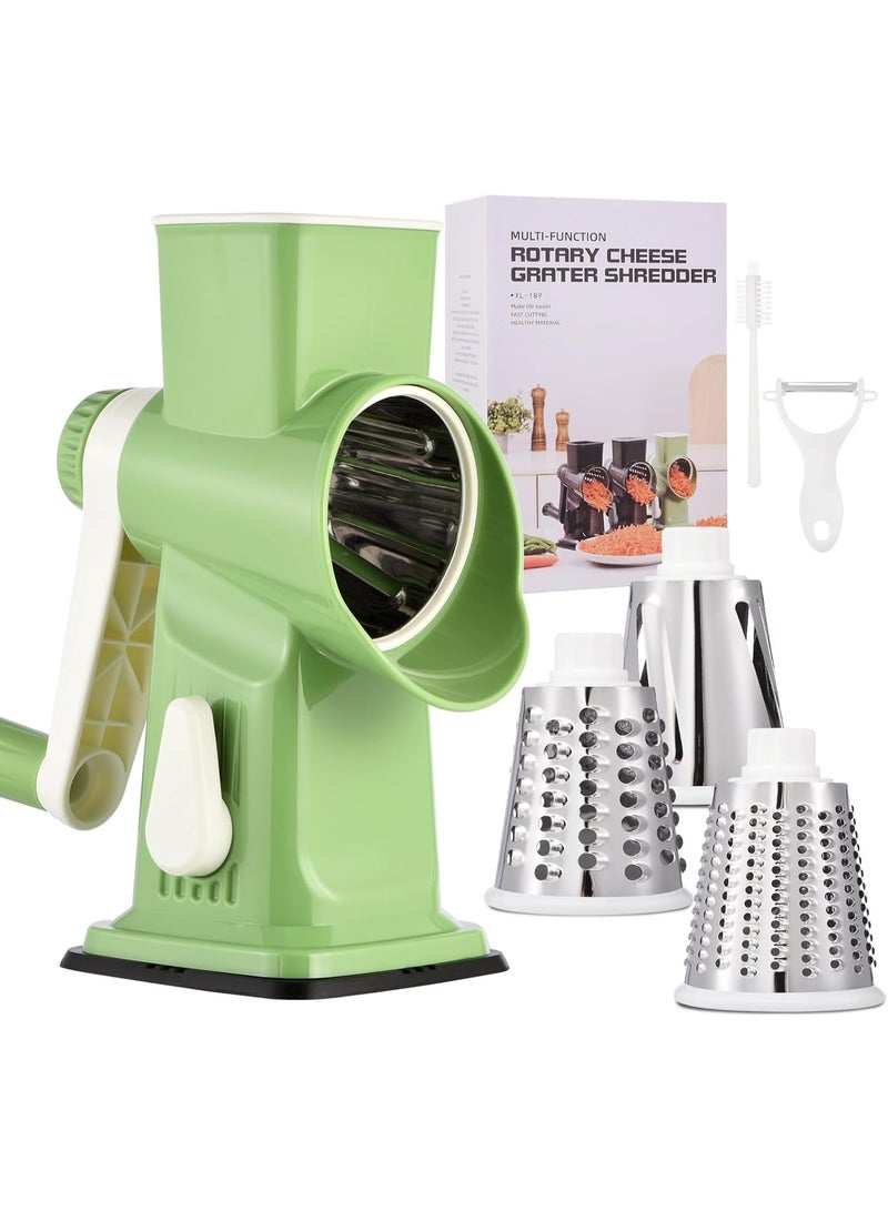 Bukela Rotary Cheese Grater with Handle Kitchen Shredder Slicer Grater Slicer Ice Shaver Cheese Vegetable Nuts Potato Zucchini Chocolate 3 Interchangeable Blades (Green) - Image 1