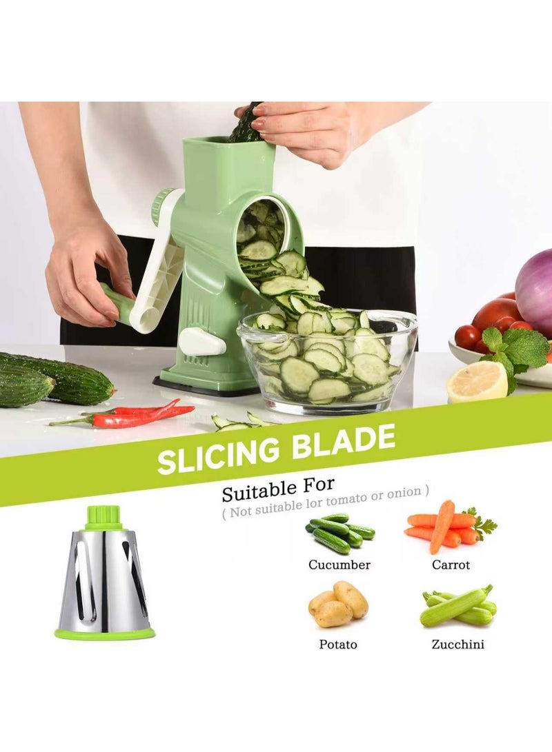 Bukela Rotary Cheese Grater with Handle Kitchen Shredder Slicer Grater Slicer Ice Shaver Cheese Vegetable Nuts Potato Zucchini Chocolate 3 Interchangeable Blades (Green) - Image 2