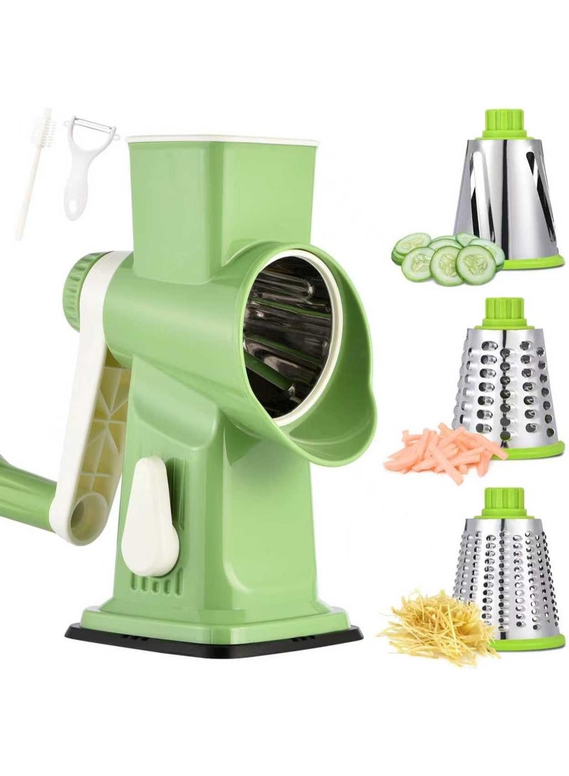 Bukela Rotary Cheese Grater with Handle Kitchen Shredder Slicer Grater Slicer Ice Shaver Cheese Vegetable Nuts Potato Zucchini Chocolate 3 Interchangeable Blades (Green) - Image 3