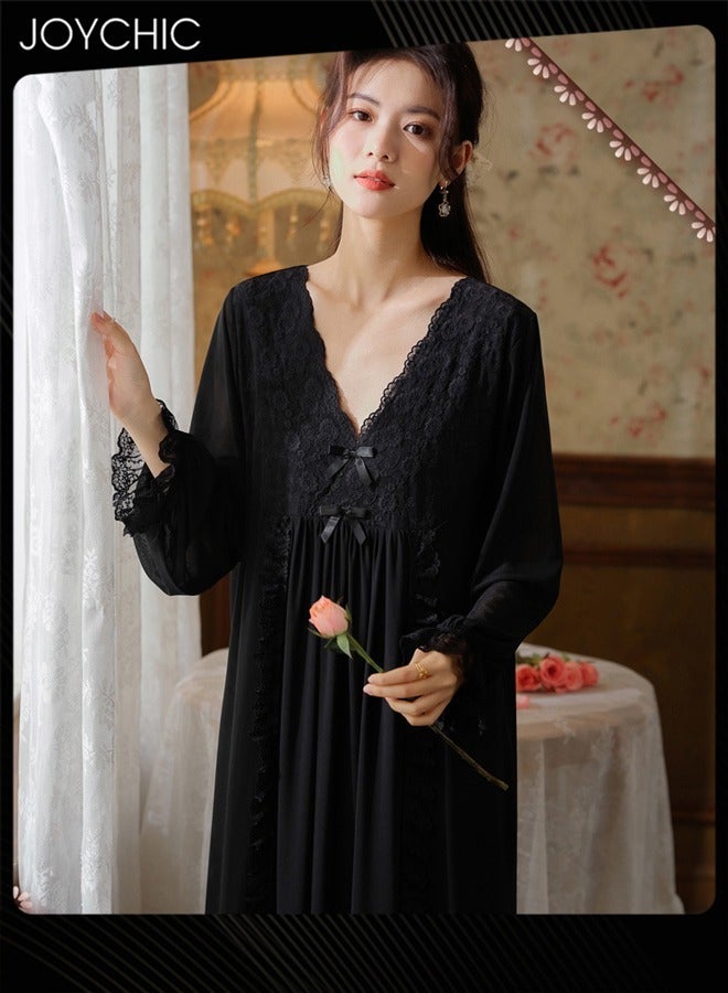 Joychic Palace style Long-sleeved Mesh Nightgown for Women Spring and Autumn Lace Loose Soft and Breathable Pajamas Night V-neck Loungewear Black - Image 2