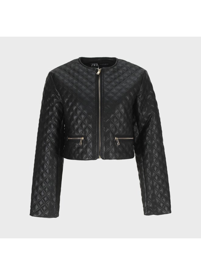 Zara urban Modern High-end Quilted Round Neck Long Sleeve Zip-up Short Casual Jacket - Image 2