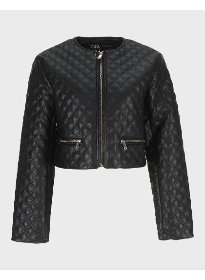 Zara urban Modern High-end Quilted Round Neck Long Sleeve Zip-up Short Casual Jacket - Image 1