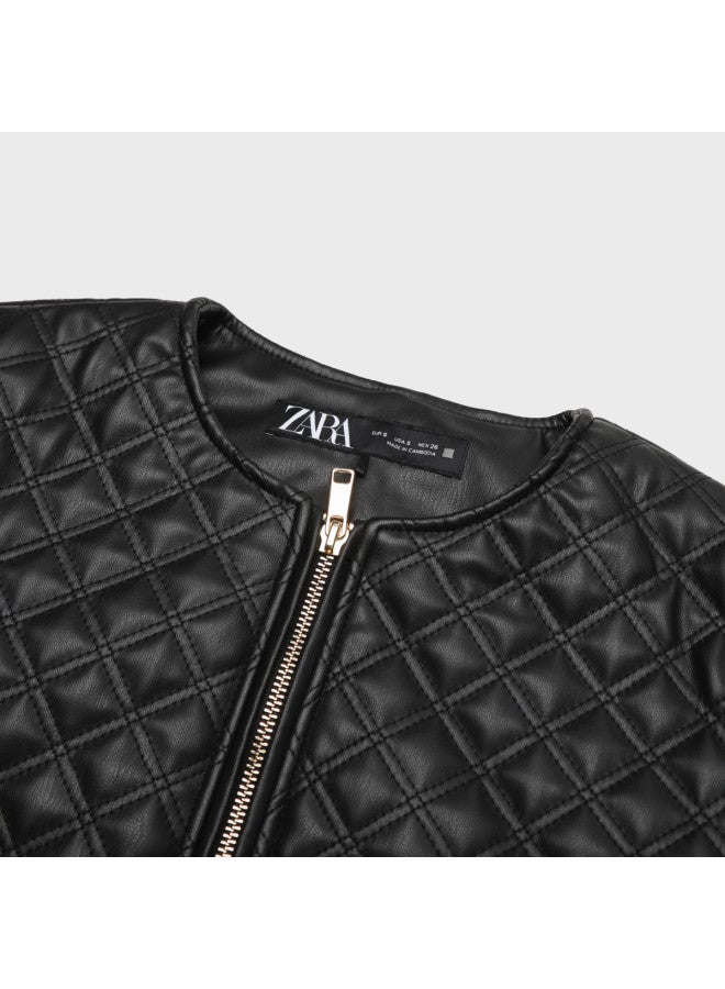 Zara urban Modern High-end Quilted Round Neck Long Sleeve Zip-up Short Casual Jacket - Image 4