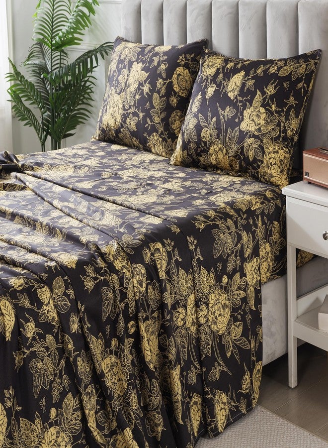 فادفاي طقم ملاءات FADFAY Rose مقاس كينج، بتصميم كلاسيكي أسود وذهبي مزين بنقوش زهور، ملاءات نباتية بنمط الفاوانيا، طقم ملاءات فاخر بنمط ريفي، 800 خيط، 100% قطن مصري، ملاءة مثبتة بجيب عميق، 4 قطع، مقاس كينج - Image 2