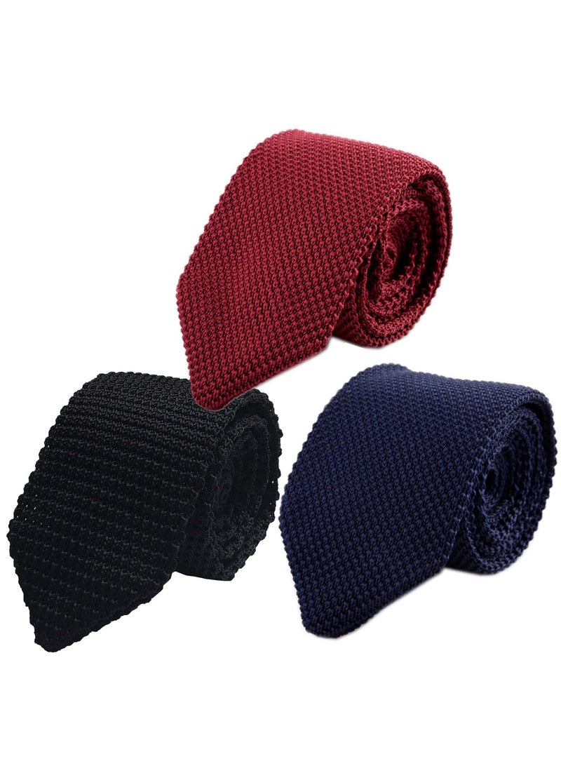3 Pack Men's Skinny Knit Necktie Set, 2.4-Inch Wide, Vintage Mixed Pattern, Red, Black, Navy Blue - Image 1