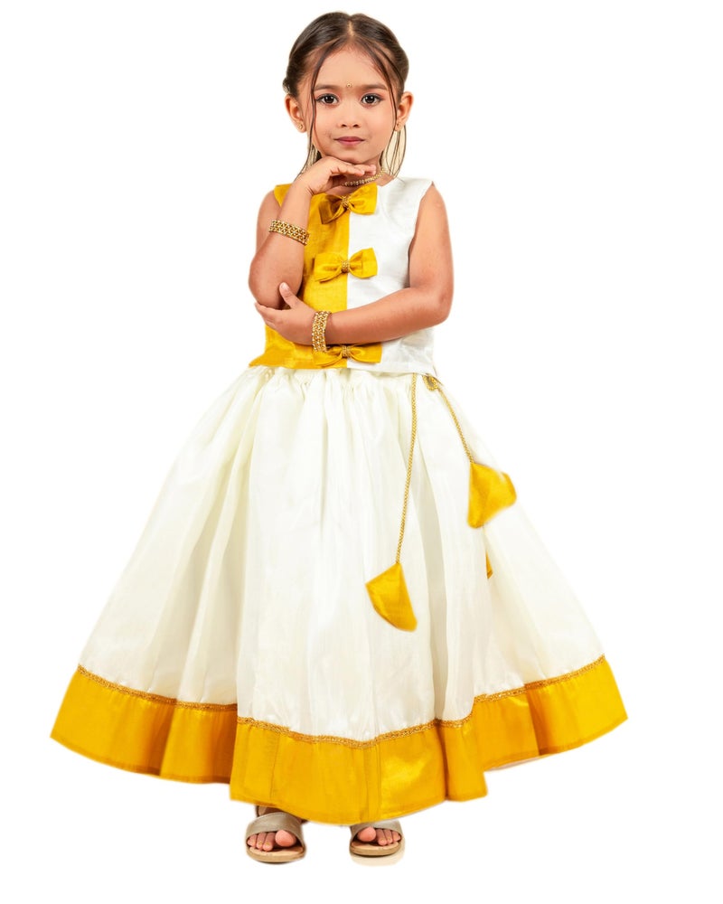 Stanwells Kids Lehenga Choli For Girls Cotton silk Traditional Dress Ethnic Wear For Baby Girls Front Bow Readymade Embroidered Lehenga For Kids Kerala South Indian Pattu Pavadai (Off-White 3-4 Years) - Image 1