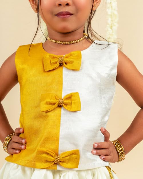 Stanwells Kids Lehenga Choli For Girls Cotton silk Traditional Dress Ethnic Wear For Baby Girls Front Bow Readymade Embroidered Lehenga For Kids Kerala South Indian Pattu Pavadai (Off-White 3-4 Years) - Image 4