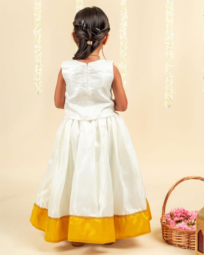 Stanwells Kids Lehenga Choli For Girls Cotton silk Traditional Dress Ethnic Wear For Baby Girls Front Bow Readymade Embroidered Lehenga For Kids Kerala South Indian Pattu Pavadai (Off-White 3-4 Years) - Image 3