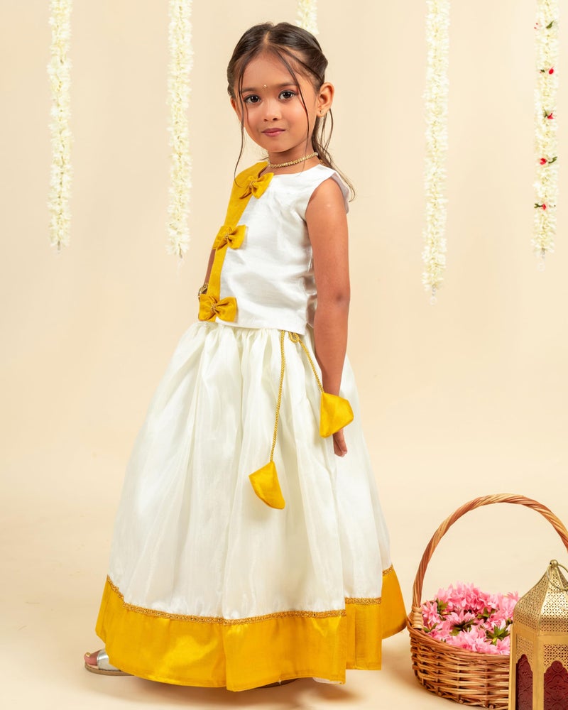 Stanwells Kids Lehenga Choli For Girls Cotton silk Traditional Dress Ethnic Wear For Baby Girls Front Bow Readymade Embroidered Lehenga For Kids Kerala South Indian Pattu Pavadai (Off-White 3-4 Years) - Image 5
