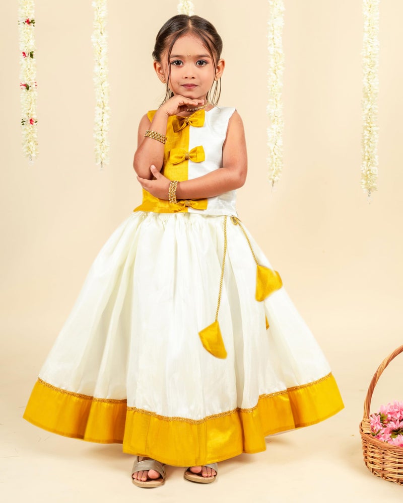 Stanwells Kids Lehenga Choli For Girls Cotton silk Traditional Dress Ethnic Wear For Baby Girls Front Bow Readymade Embroidered Lehenga For Kids Kerala South Indian Pattu Pavadai (Off-White 3-4 Years) - Image 2