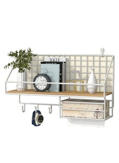 KYD Wall Mounted Storage Rack Floating Shelf with 4 Hooks,Metal Wire Wall Shelf Wood Storage Racks Home Decoration for Living Room,Bedroom,Metal Shelf for Paper,Book  - Image 1
