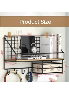KYD Wall Mounted Storage Rack Floating Shelf with 4 Hooks,Metal Wire Wall Shelf Wood Storage Racks Home Decoration for Living Room,Bedroom,Metal Shelf for Paper,Book  - Image 3